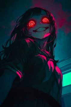 a girl with red eyes and long hair in the dark, staring into the distance