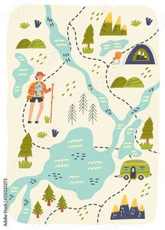 an illustration of a map with people and camping items on the river, mountains, and trees