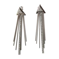 Pair of 14K white gold and diamond fringed 1970's / 1980's Deco revival earrings. Earrings have a total of seven kinetic fringe, including a strand of diamonds seen center. Pierced earrings measure 2 3/8" long by 1/2" wide and are signed JM, 14K. In very good vintage condition. 8.4 grams. Disco Earrings, Three Strand Bracelet, Diamond Dangle Earrings, White Gold Earrings, Fine Jewellery Earrings, Earings Piercings, White Gold Diamonds, Diamond White, Gold Diamond