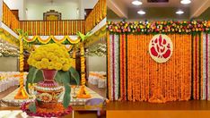 an arrangement of flowers and decorations in a hall for a wedding or other function event