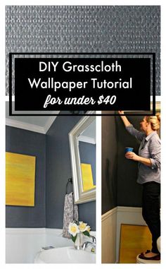 a woman is painting the wall in her bathroom with gray and yellow accents, while another photo