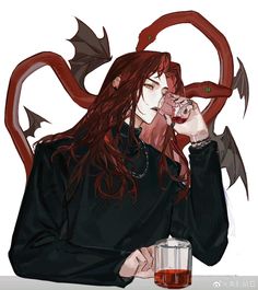 a woman with long red hair drinking from a glass next to a dragon like creature