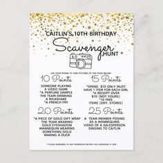 a white and gold birthday scavenger game card with the words,'it's 10th birthday scavenger fun '