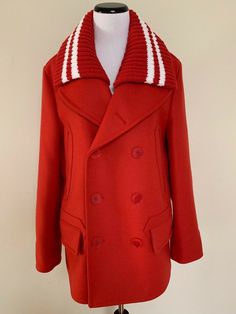 Givenchy Coat 100% Authentic Condition: New with Tags Size: Italian 44, US 8 The coat is a classic double breasted pea coat in red wool blend. It has button closures and pockets. It has a removable red and white striped thick knit collar to give two looks in one! As seen on Demi Lovato! Retail $2395. Coat measures approximately lying flat: bust-21", waist-21", sleeve length from shoulder seam to end-26", and length from the top of the shoulder to the hem-31" Comes from a smoke and pet Designer Double-breasted Wool Coat With Button Closure, Designer Winter Blazer With Double-breasted Button, Designer Double-breasted Blazer For Winter, Designer Winter Double-breasted Blazer, Designer Long Sleeve Pea Coat With Button Closure, Designer Pea Coat With Double Button Closure For Fall, Designer Wool Pea Coat With Double-breasted Buttons, Designer Wool Double-breasted Pea Coat, Designer Pea Coat With Notch Lapel