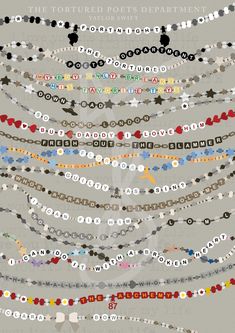 a poster with many different types of beads and chains hanging from it's sides