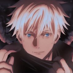 an anime character with blonde hair and blue eyes holding his hand up to his chest