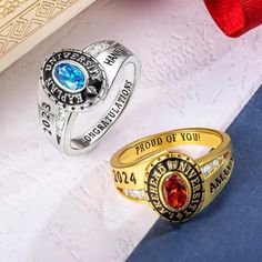 Personalized Class Ring - Celebrate your academic achievements with a custom school class ring! Personalize it with your name, graduation year, school name, and a personal message for a unique keepsake. Made from high-quality 925 sterling silver/brass, it's durable, hypoallergenic, and tarnish-resistant--safe for sensitive skin. Customize the center stone to match your school colors or birthstone. This ring is the perfect graduation gift, honoring your journey and showcasing your school spirit a Engraved Necklace Mothers, Custom Class Rings, Rings 2023, Graduation Rings, Lucky Charm Necklace, Wedding Gifts For Groomsmen, Promise Rings For Couples, Mothers Bracelet, Graduation Year