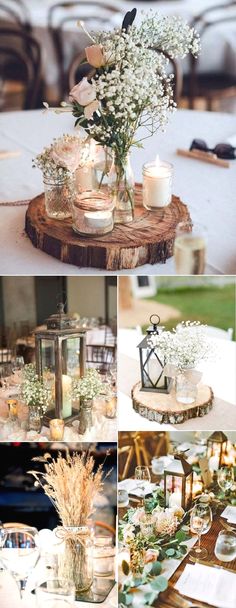 wedding decorations and flowers are arranged on the table