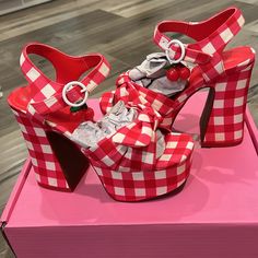 Sugar Thrillz These Heels Have A Gingham Print Adjustable Buckle Ankle Straps With Cherry Charms Peep Toes With Bow Straps Platform Heels. Materials Man Made Materials Dollskill Shoes White, Strawberry Heels, Dollskill Heels, Cherry Shoes, Ribbon Heels, Bow Straps, Dolls Kill Shoes, 18th Bday, Gorgeous Heels