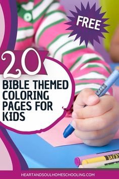 a child writing on a book with the text 20 bible themed coloring pages for kids