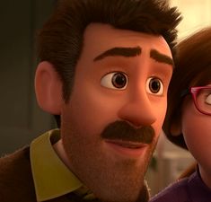 an animated character with glasses and a mustache looks at the camera while standing next to another character