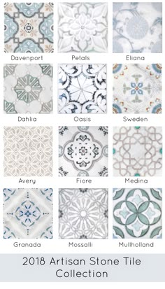 the top ten tile designs in the 2018 artisan stone tile collection, with their names and