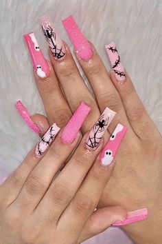 Hallow Nail Ideas, Halloween Acrylic Nails Medium Length, Pink Spooky Nails Acrylic, Pink And Blue Halloween Nails, Pink Fall Acrylic Nails, Hot Halloween Nails, Halloween Nails Neon, Halloween Nails Pink And Black, Hot Pink Halloween Nails