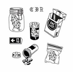 various items are shown in black and white, including an open jar with the word d r on it