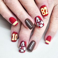 Kansas City Chiefs Nails done by Juanita's Little Canvases #kansascitychiefs Kansas City Chiefs Nails Designs, Football Season Nails, Kansas City Chiefs Nails, Kc Chiefs Nails, Football Nails Design, Kc Nails, Chiefs Nails, Nfl Nails, Football Nail Designs