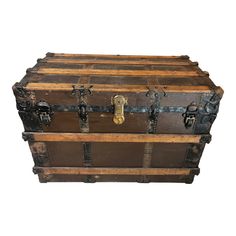 an old wooden trunk with metal handles and latches on the bottom is shown against a white background