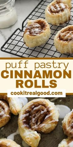 puff pastry cinnamon rolls on a cooling rack