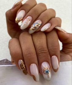 Egypt Nail Art, Middle Eastern Nails, Egypt Inspired Nails, Gold Evil Eye Nails, Medieval Nail Art, Egyptian Nails Designs, Egypt Nails Design, Arabic Nails, Arabian Nails