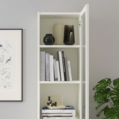 a white book shelf filled with books next to a potted plant