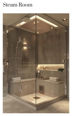 an image of a modern bathroom setting with glass walls and shower stall in the middle