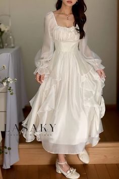 Dream Daughter, Aesthetic Outfits Y2k, Maxi Dress With Long Sleeves, 18th Bday, Frilly Dresses, Clothing Designs, Long White Dress, Dress Aesthetic, Fairytale Dress