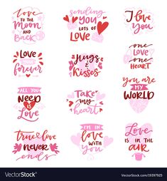 valentine's day hand lettering set with hearts and love words on white background stock photo