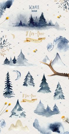 watercolor winter trees and mountains with gold lettering