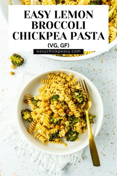 easy lemon broccoli chickpea pasta in a white bowl