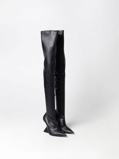 Modern Design  Overtheknee Boots Model  Glamorous Style  Smooth Leather  Almond Tip  High Shaft  Side Zip  Leather Interior  Logo Printed On The Insole  Sculptural Wedge  Real Leather Sole  Made In Italy Interior Logo, Glamorous Style, Up Shoes, Brown Leather Boots, Italian Fashion Designers, Leather Interior, Black Leather Boots, Thigh High Boots, Brown Boots