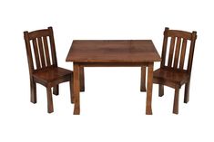 a wooden table and two chairs sitting next to each other in front of a white background