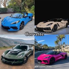 four different colored sports cars parked in front of palm trees and mountains with the words corvette written on them