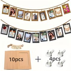 an assortment of photos hanging on a clothes line with clips and pegs next to it