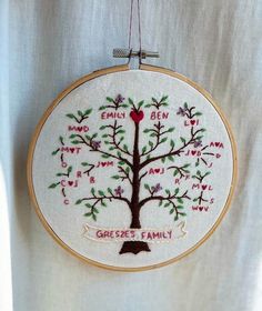 a cross stitch tree hanging on a wall