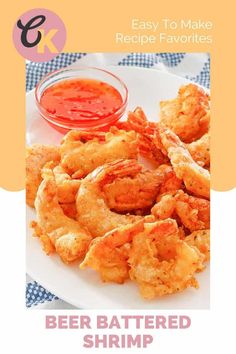 the recipe for beer battered shrimp is shown on a white plate with a blue checkered tablecloth