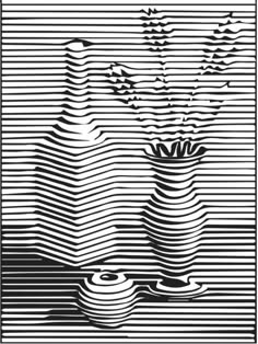 a black and white drawing of a vase with flowers on the table in front of it