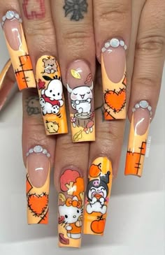 Kitty Nails, Halloween Acrylic, Halloween Acrylic Nails, Diy Acrylic Nails, Fancy Nails Designs, Simple Acrylic Nails, Hello Kitty Nails, Girly Acrylic Nails, Fall Acrylic Nails