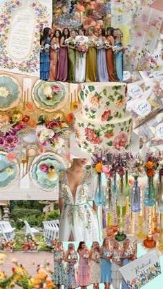 the collage shows many different items and colors in this photo, including flowers, plates,