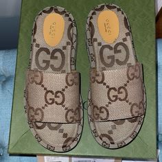 Gucci Fabric Upper And Rubber Sole Macro Gg Canvas. Camel Color Gucci Brown Slip-on Sandals, Gucci Fabric, Gucci Slides, Shoes Gucci, Platform Slides, Camel Color, Gucci Shoes, Tan Brown, Women's Shoes Sandals