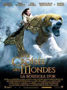 the movie poster for la croise des mondes, featuring a woman riding on a polar bear