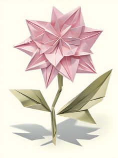 a pink origami flower with two leaves