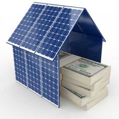 a house with solar panels and stacks of money