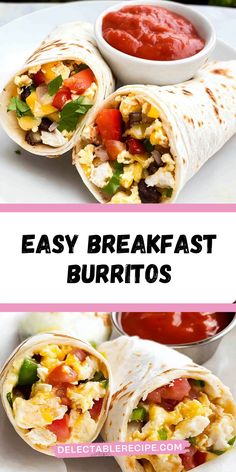 easy breakfast burritos on a plate with salsa and guacamole