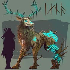 a drawing of a deer with horns and glowing blue lights on it's face