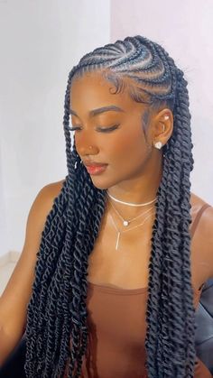 All Braided Hairstyles, Lemonade Fulani Braids Twist, Fulani Braids Twist, Cute Cornrows Hairstyles, Box Braid Designs, Trendy Hairstyles Braids, Twist With Cornrows, Lemonade Fulani Twist, Fulani Twist Hairstyles