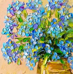 a painting of blue flowers in a yellow vase