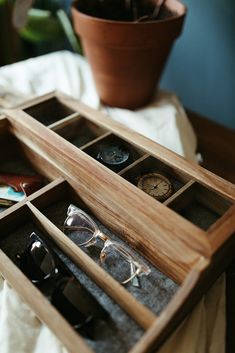 Custom Acacia Watch box holds 5 Watches plus Extra Valet Compartments. Valet compartments are perfectly sized for wallet and sunglasses, or other misc items. Acacia boxes are sealed to bring out the natural beauty of acacia wood. Acacia is a highly variegated wood that sometimes exhibits a lot of contrast striping and beautiful grain. Each box is unique. Our acacia window lid boxes. come standard with glass lids (not plexi). This box is also offered in a solid lid option (see storefront for list Watch Roll Case, Leather Watch Roll, Mens Valet, Tool Drawers, Watch Display Case, Mens Watch Box, Leather Watch Box, Sunglasses Storage, Watch Organizer