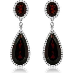 Royal Elegant 14K White Gold Garnet and Diamond Earrings - 0.75 Carat Diamond, 17.00 Carat Garnet Formal Teardrop Earrings With Prong Setting, Gold Hanging Earrings, Diamond Birthstone, Fancy Earrings, White Gold Set, Drop Design, Sparkly Things, White Gold Jewelry, Hanging Earrings