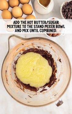 the ingredients to make chocolate cake are shown in separate bowls, including eggs and batter