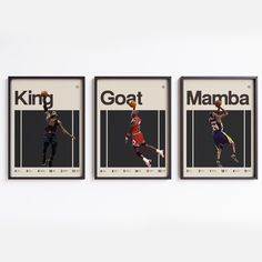 three basketball cards with the names of different teams on them, hanging up against a white wall