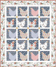 a quilted square with birds and flowers on the front, in blue and pink